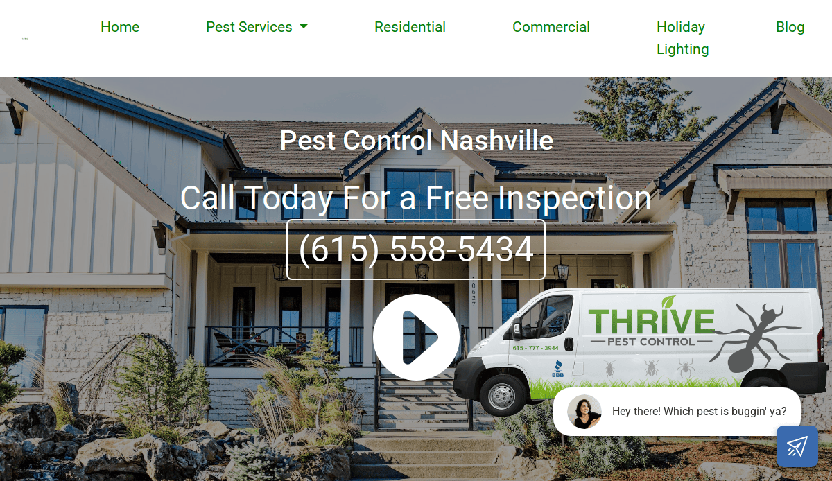 A pest control website homepage features a modern Website Design with a large house, a branded Thrive Pest Control van, and a prominent call-to-action for a free inspection. A chat box appears in the corner—ideal for Local Service Companies.