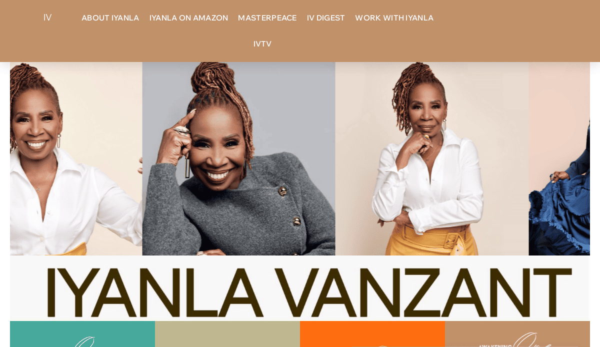 A life coach website header featuring three photos of Iyanla Vanzant smiling in different poses, with navigation links above and her name Iyanla Vanzant in large bold letters below the images. Perfect to fix losing clients with a welcoming first impression.