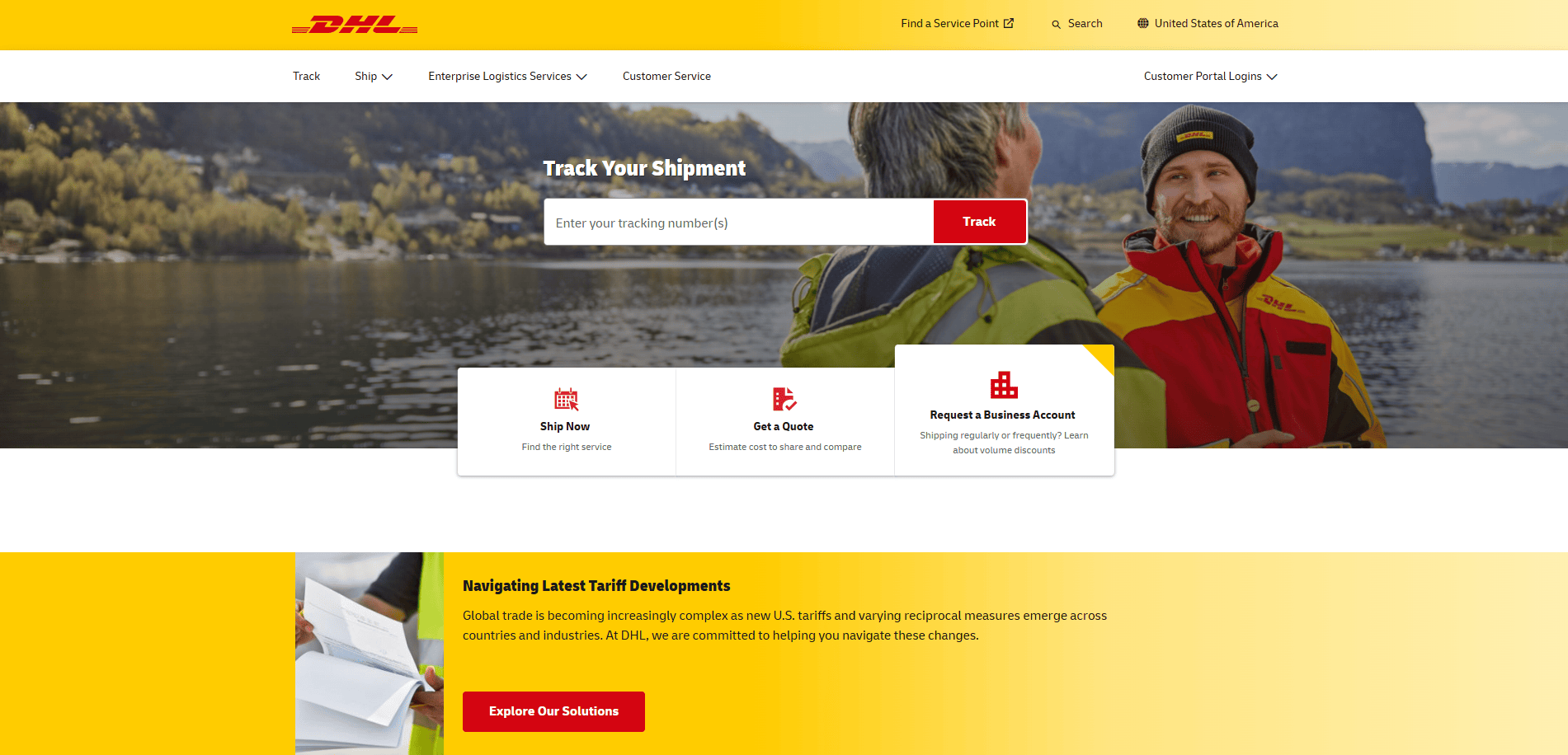 Screenshot of the DHL Express logistics site design homepage with options to track shipments, ship now, get a quote, or request a business account. Two people in red jackets stand by a lake with mountains in the background, highlighting their strong online presence.