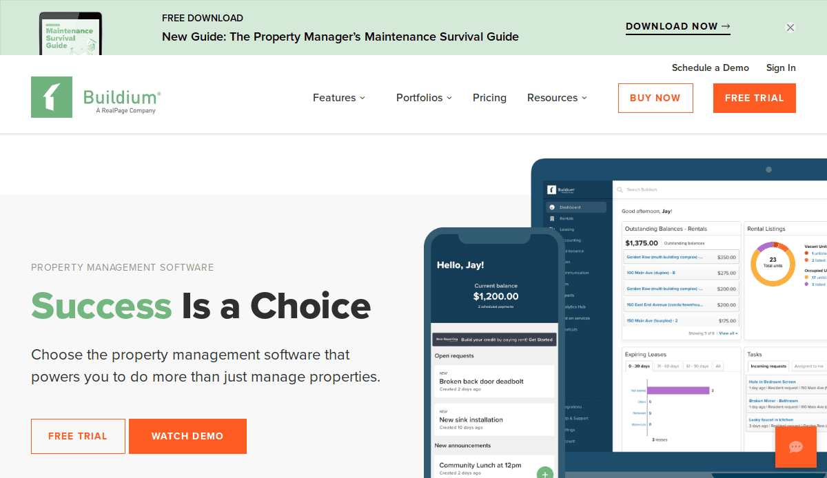 Screenshot of Buildium’s website, showcasing property management software. Features include a modern website design with navigation, promo banners, signup buttons, and images of desktop and mobile interfaces displaying financial and property data.