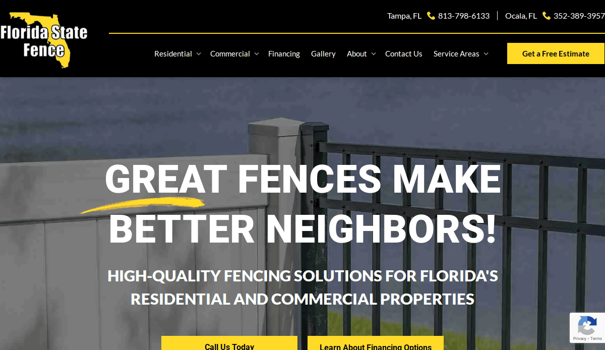 Screenshot of the Florida State Fence Service Website homepage featuring a metal fence and stone pillar. Large text reads, Great fences make better neighbors! and showcases fencing solutions for residential and commercial properties.