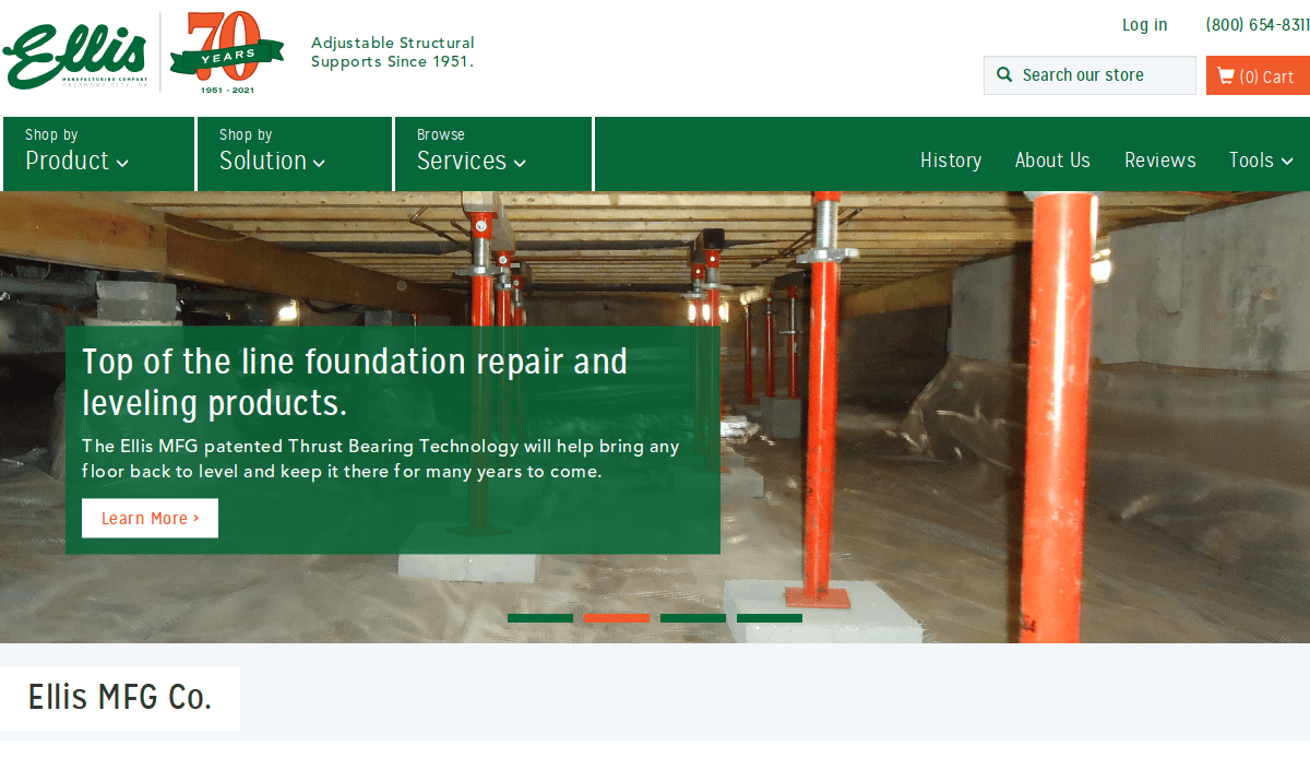 Screenshot of the Ellis MFG Co. homepage, showcasing manufacturing web design with adjustable support posts for foundation repair and leveling. The site features a clear top navigation menu and company logo.