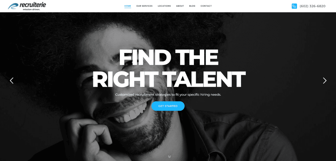 A grayscale website design homepage for Recruiterie, a recruitment agency, featuring a smiling man touching his face, bold “Find the Right Talent” text, and a blue “Get Started” button below. Company logo and menu guide are at the top.