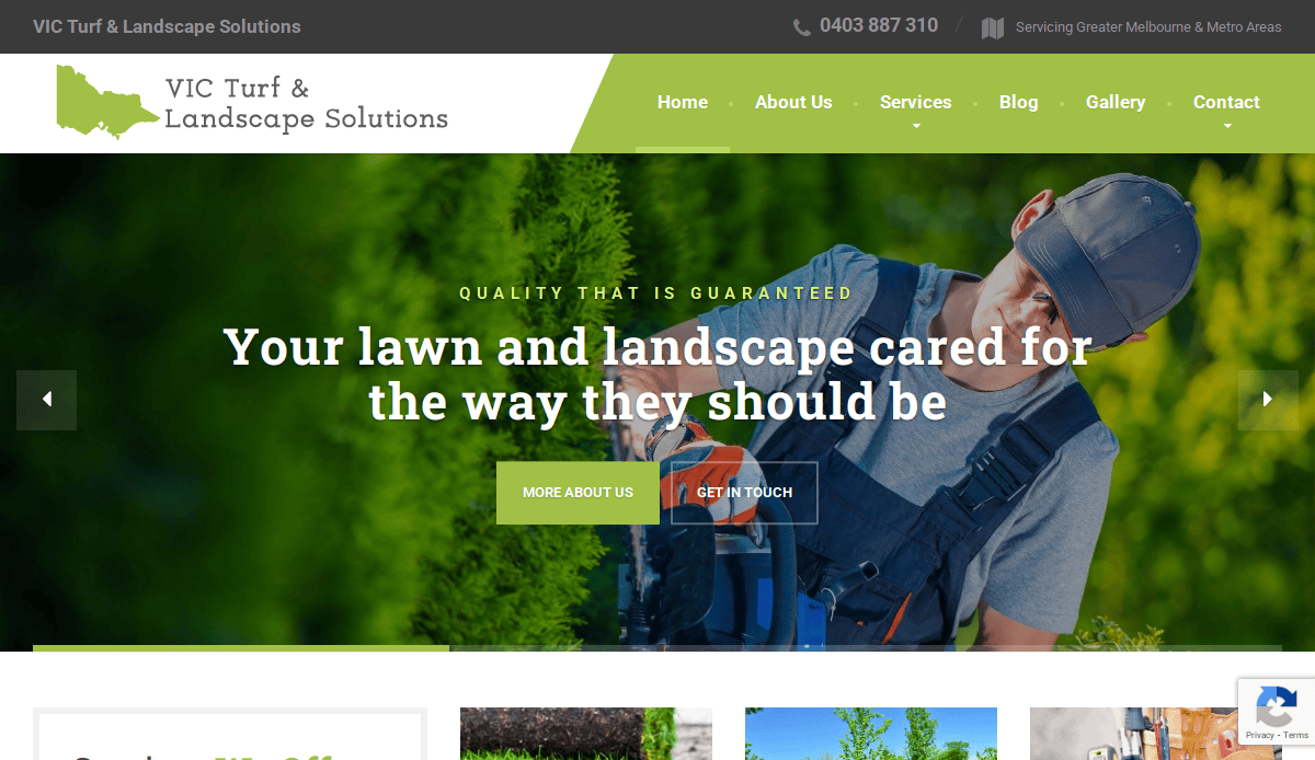 Homepage of VIC Turf & Landscape Solutions’ landscaping website, showing a worker in a cap tending to green plants. Large text reads, Your lawn and landscape cared for the way they should be. Menu and contact info are visible at the top.