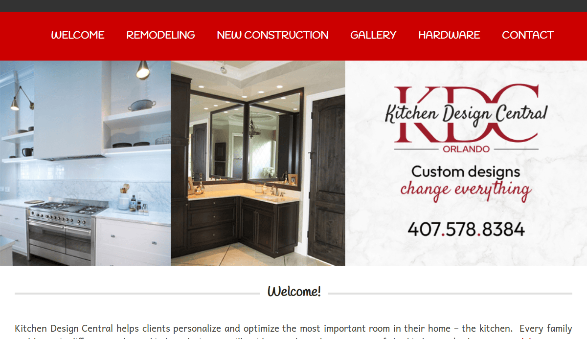 Screenshot of Kitchen Design Central’s kitchen remodeling website featuring images of a modern kitchen and bathroom, their logo, contact number, and a navigation menu with Welcome, Remodeling, New Construction, Gallery, Hardware, and Contact.