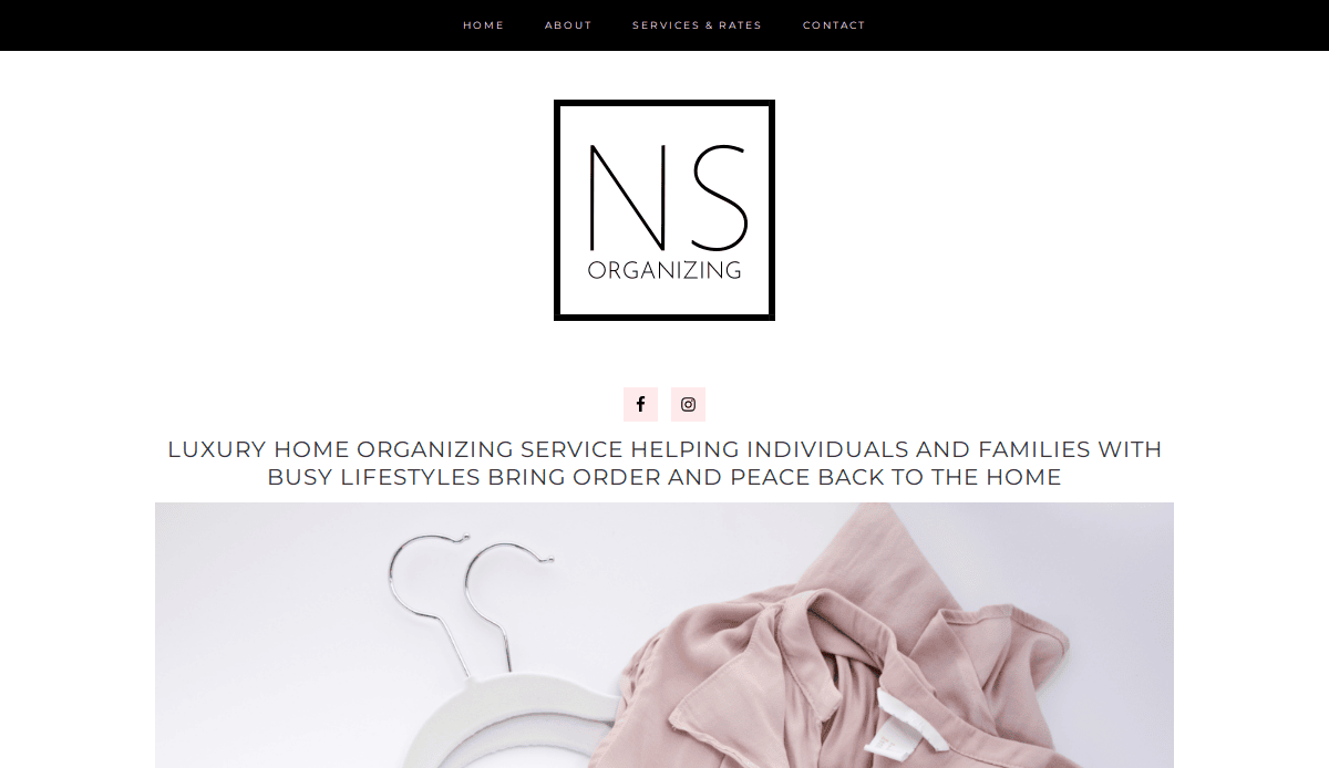 Screenshot of a website header for NS Organizing, luxury home organizers, featuring a logo, navigation menu, and tagline. Below is a photo of blush-colored clothes and hangers on soft pink fabric. Perfect inspiration for stylish spaces.
