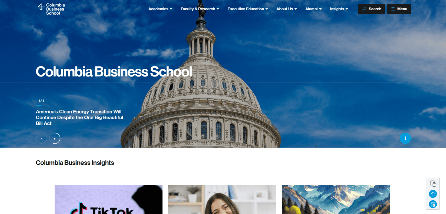 Screenshot of the Columbia Business School website homepage, a standout in Education Website Design, featuring the U.S. Capitol dome, site navigation menus, search bar, and a headline about America’s Clean Energy Transition.