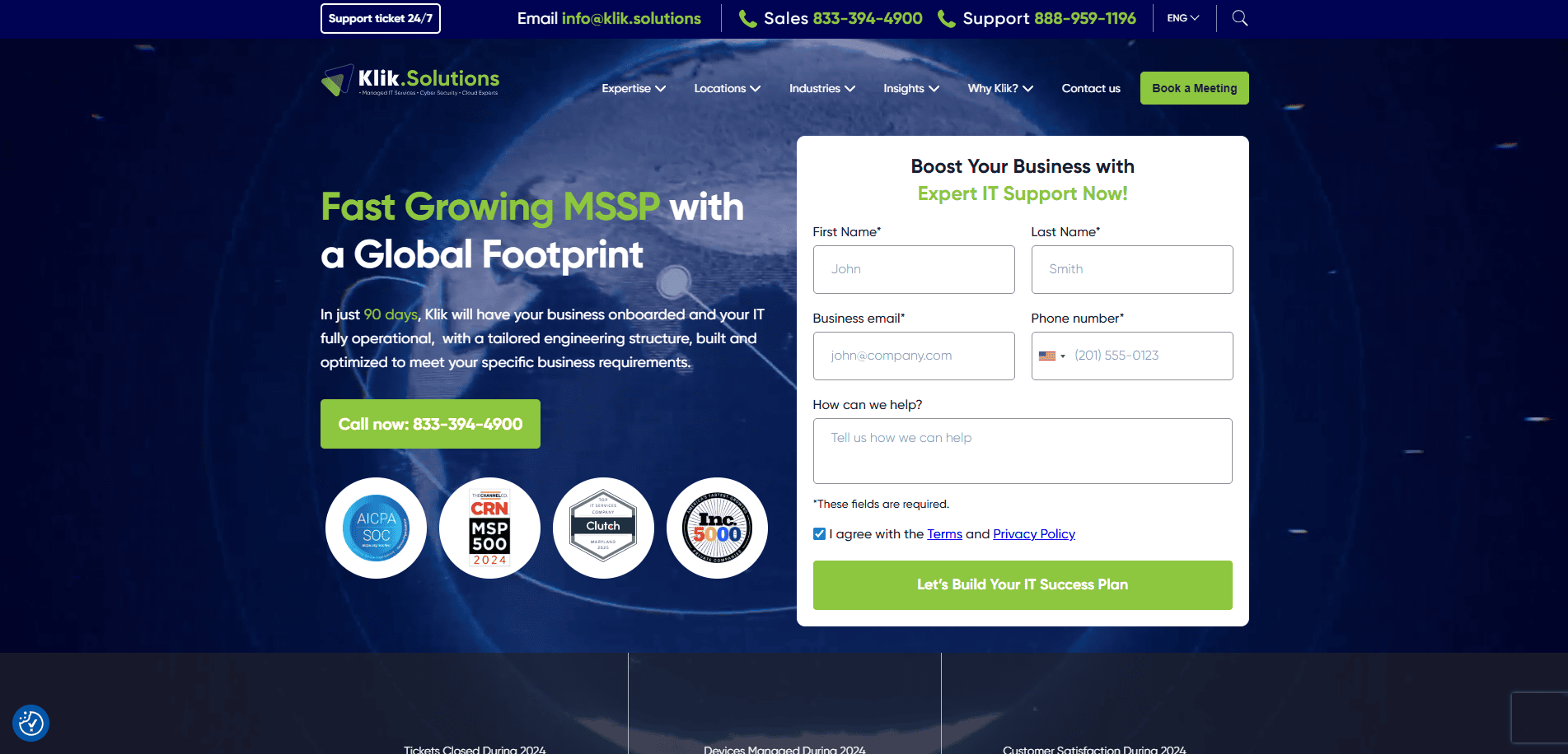 Screenshot of Klik Solutions’ MSP website design homepage featuring a contact form, a Fast Growing MSSP with a Global Footprint headline, phone number, certification badges, and a navigation menu at the top.