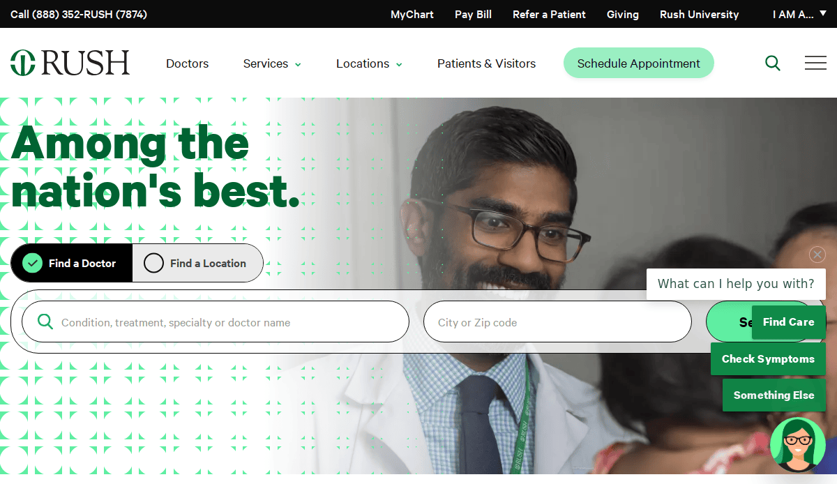 A doctor with glasses and a beard smiles while speaking to a patient, building patient trust. The screen displays options to find a doctor or location, and a search bar for care at Rush University Medical Center, reflecting thoughtful healthcare website design.