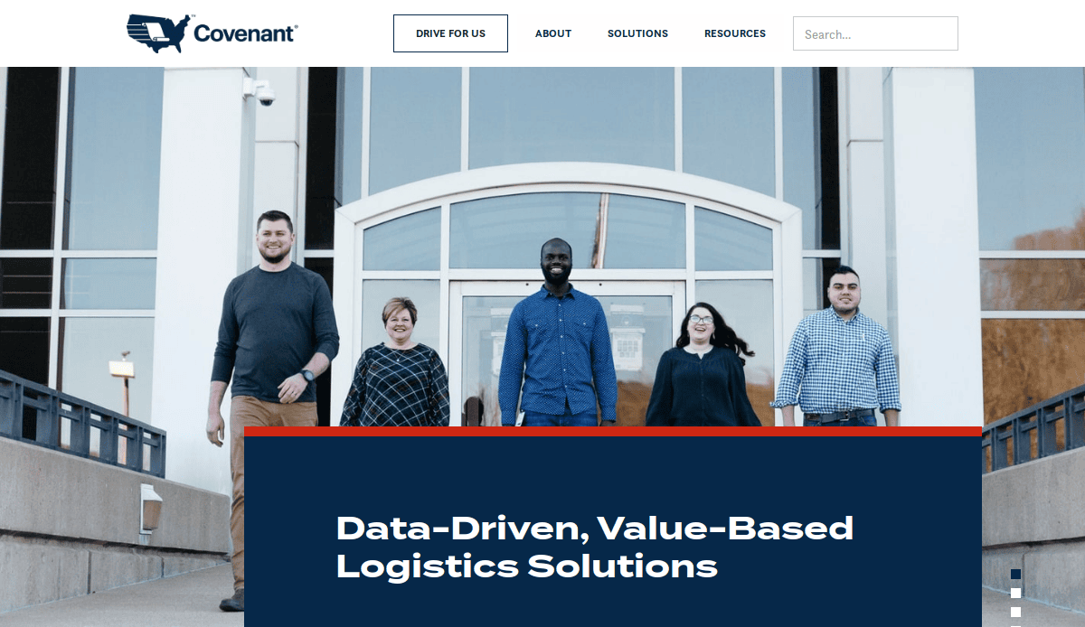 Five people walk toward the camera in front of a modern building entrance with large windows. The Covenant logo is in the top left, and a banner below reads, Data-Driven, Value-Based Logistics and Transportation Services Solutions.