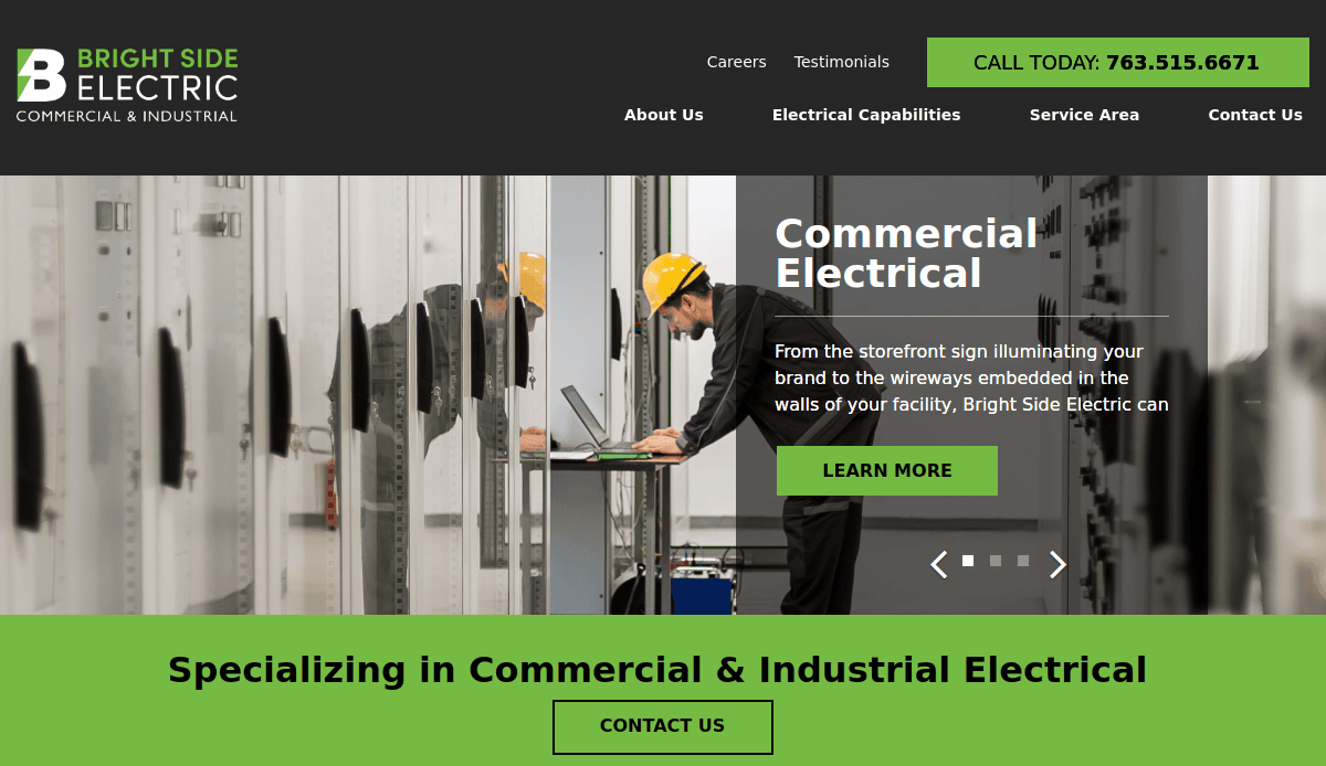 Screenshot of the Bright Side Electric website design showing two workers in hard hats inspecting electrical panels. The site highlights commercial and industrial electrical services for local service companies, with contact details and navigation menu.