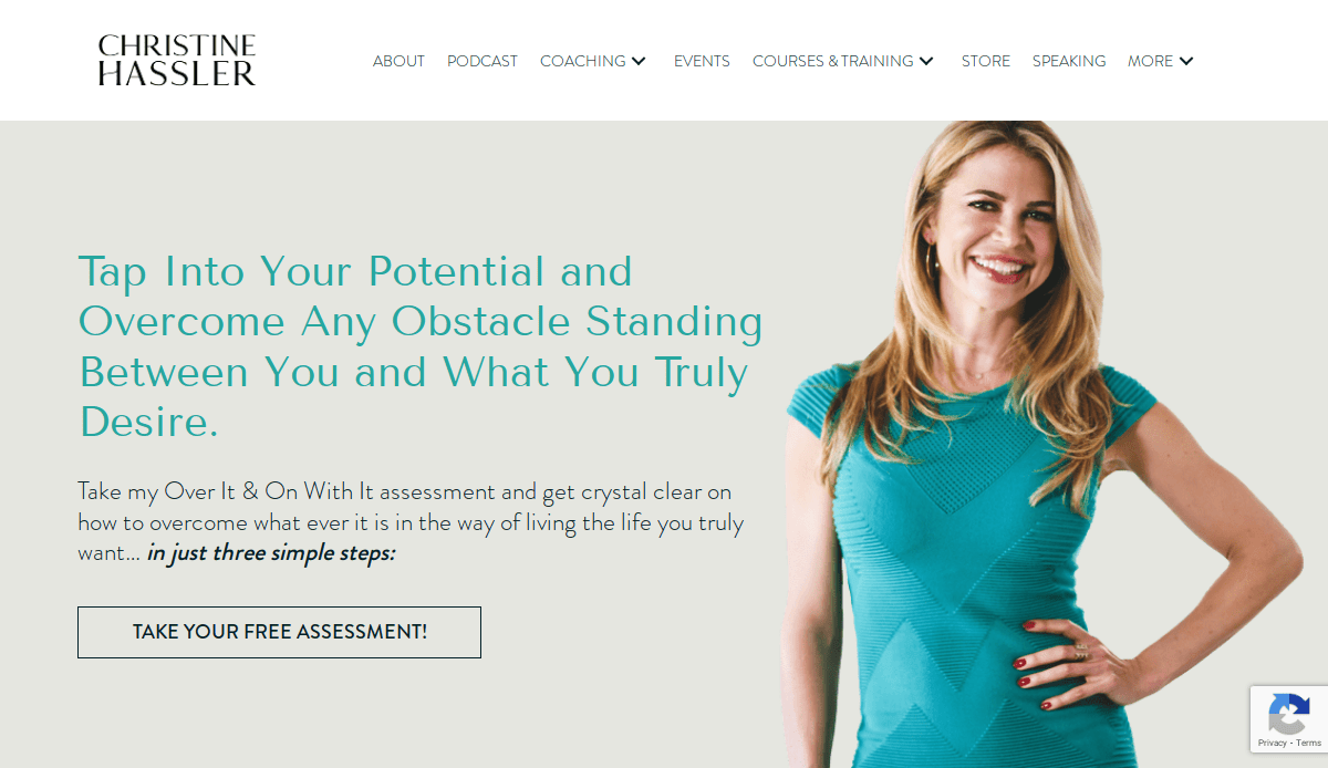 A woman in a teal dress smiles with her hand on her hip beside text on a Life coach website, promoting a free assessment to help people overcome obstacles and fix issues like losing clients and achieve their goals on Christine Hassler’s website.