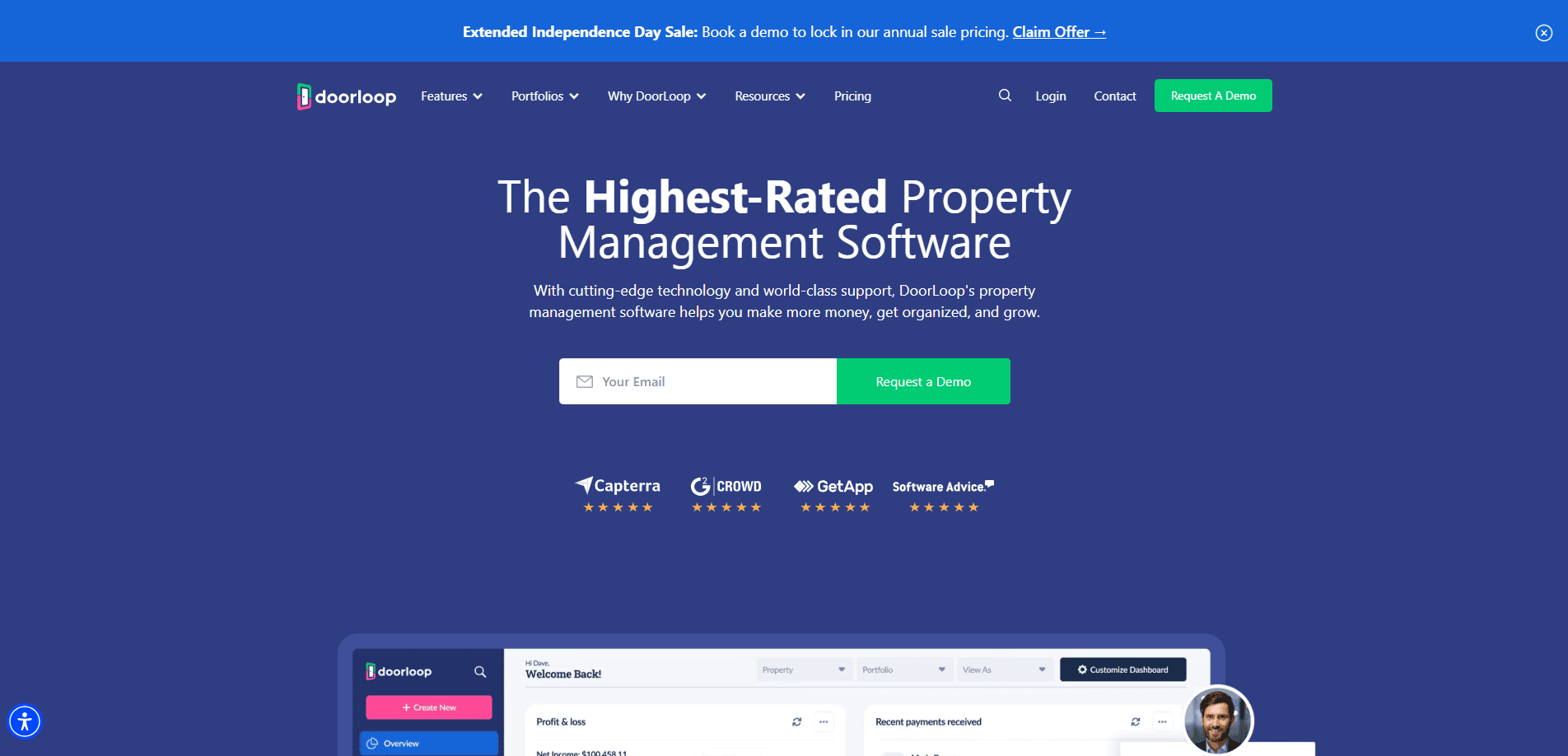 Screenshot of DoorLoop’s property management website homepage featuring a sleek blue website design, headline The Highest-Rated Property Management Software, email input box, “Request a Demo” button, and top review ratings from leading platforms.