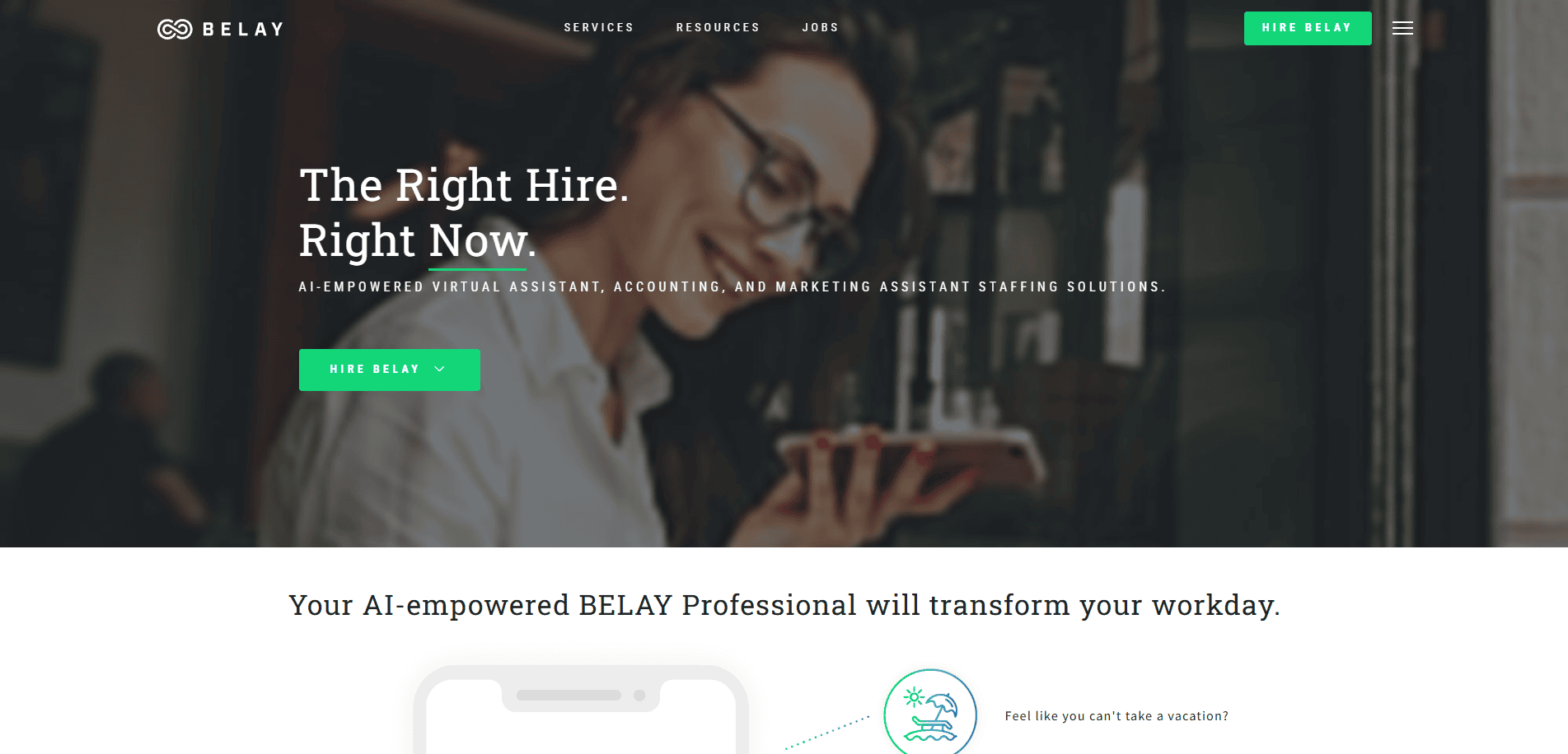 A woman wearing glasses smiles at her phone, sitting at a table with a notebook and pen. The image promotes BELAY’s AI-empowered virtual assistant, accounting, and staffing solutions for high-performance CPA firm success.