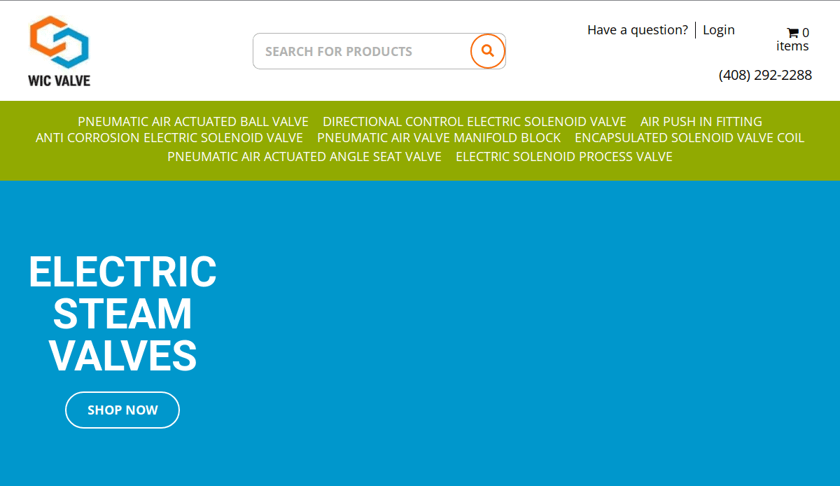 Screenshot of the WIC Valve manufacturing website homepage featuring a search bar, navigation menu with valve product categories, and a blue section highlighting ELECTRIC STEAM VALVES with a Shop Now button—an example of modern manufacturing web design.