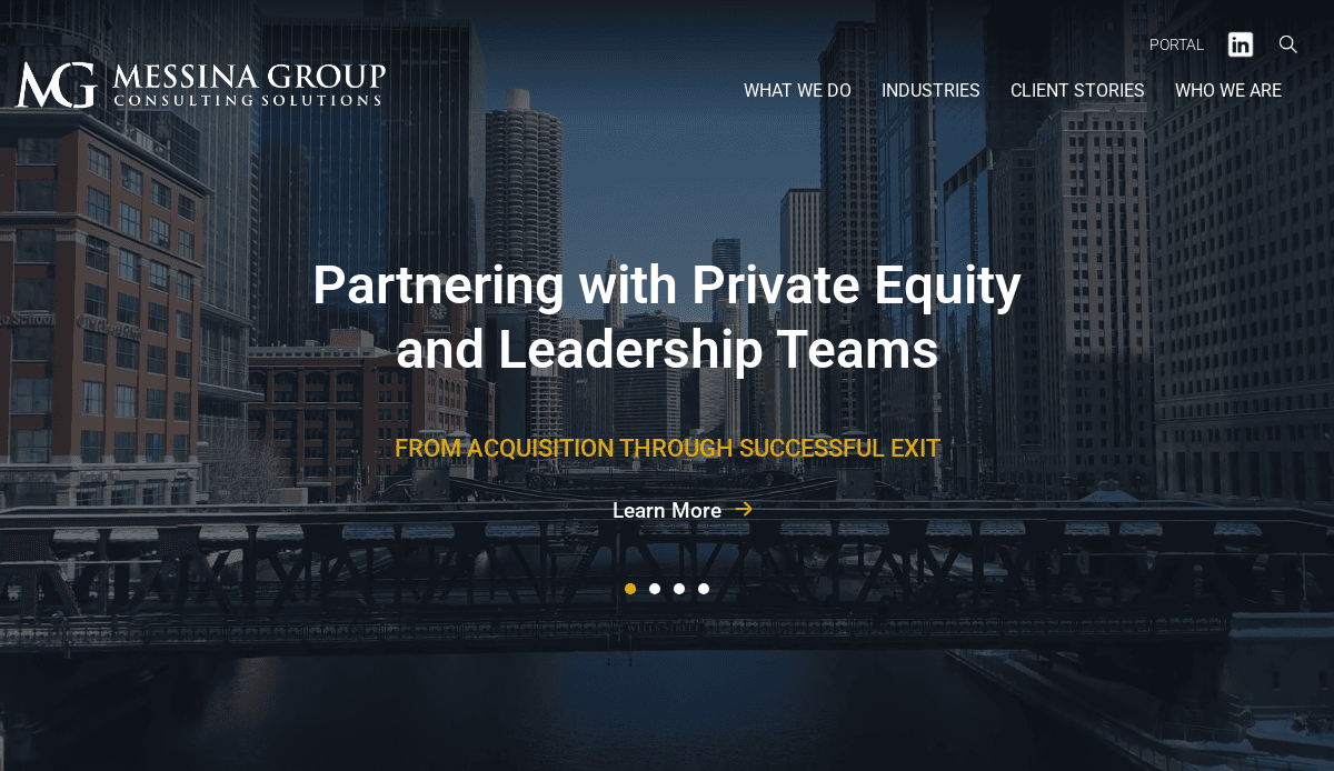 A website homepage for Messina Group Consulting Solutions displays a cityscape background with the text: Partnering with Private Equity and Leadership Teams. From acquisition through successful exit. Menu options guide users at the top.
