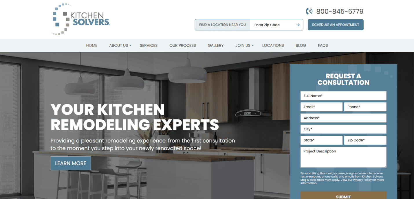 Screenshot of a kitchen remodeling website—Kitchen Solvers—with sleek wooden cabinets and a consultation form on the right. The modern website design highlights kitchen remodeling services and features a prominent Learn More button.