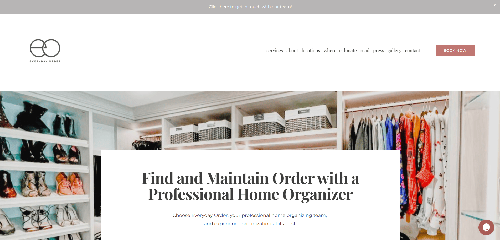 Screenshot of the Everyday Order website homepage featuring a neatly organized closet with shoes, clothes, and labeled storage bins. A headline reads, “Find and Maintain Order with Professional Home Organizers.”.