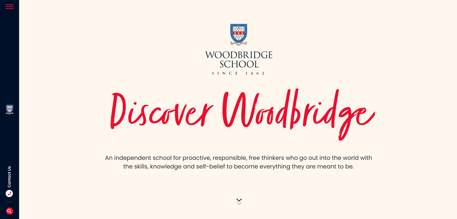 Homepage of Woodbridge School featuring the school crest, Discover Woodbridge in red script, and a 2025-ready education website design highlighting the school’s values and mission on a light background.