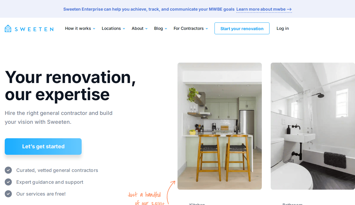 A website homepage for Sweeten, featuring the tagline Your renovation, our expertise, a blue Let’s get started button, images from the kitchen portfolio and bathroom renovation, plus a navigation bar at the top.