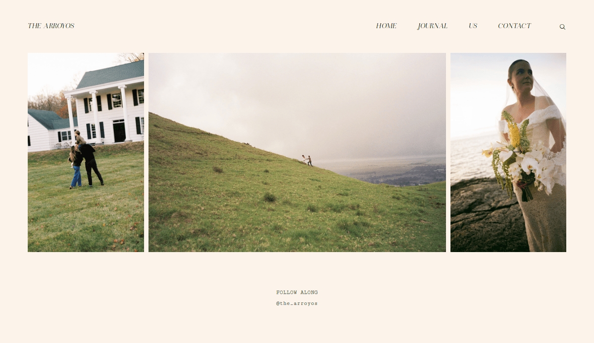 A webpage by expert wedding website designers displays three photos: a couple dancing outside a white house, two people walking up a grassy hillside, and a bride holding a bouquet by water. The menu reads HOME, JOURNAL, US, and CONTACT.