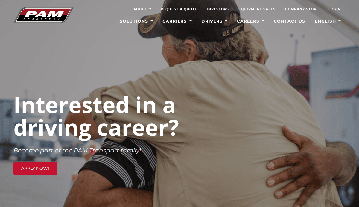 Two people in hats hug each other closely, with Interested in a driving career in the transportation industry? text overlaid, promoting careers at PAM Transport. A red Apply Now! button appears below the text.