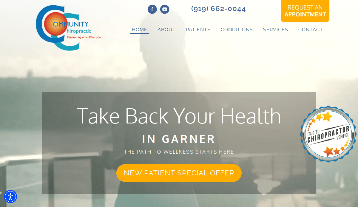 Homepage of Community Chiropractic, a local service company in Garner. Features a silhouette of a person outdoors, “Take Back Your Health,” navigation links, phone number, and high-converting website buttons for appointments and special offers.