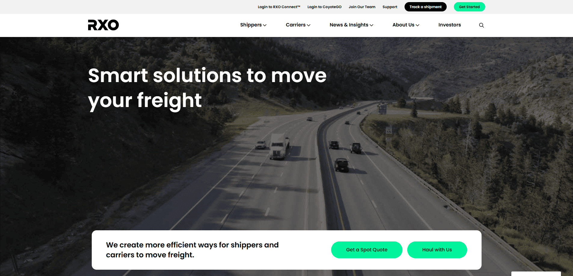 A highway winding through mountains with trucks and cars in motion; overlay text reads “Smart solutions to move your freight” on the RXO logistics site design homepage.