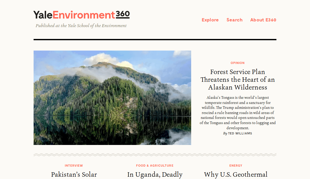 Screenshot of the Yale Environment 360 website homepage, showcasing Environmental Web Design that highlights the importance of sustainability, with a mountain landscape reflected in a lake, article titles, and navigation links for Explore, Search, and About E360 at the top.