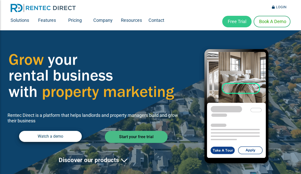 A website homepage for Rentec Direct featuring a blue and white property management website design, promotional text about growing a rental business with property marketing, and buttons for free trial, demo, and watching a video.