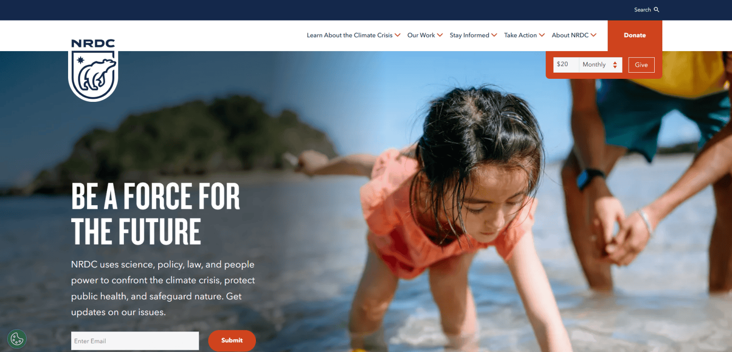 A young girl in an orange shirt plays in shallow water at the beach, with an adult beside her. Text overlay reads, “Be a force for the future,” promoting NRDC’s climate efforts on their eco-friendly web design. A donate button appears on the right.