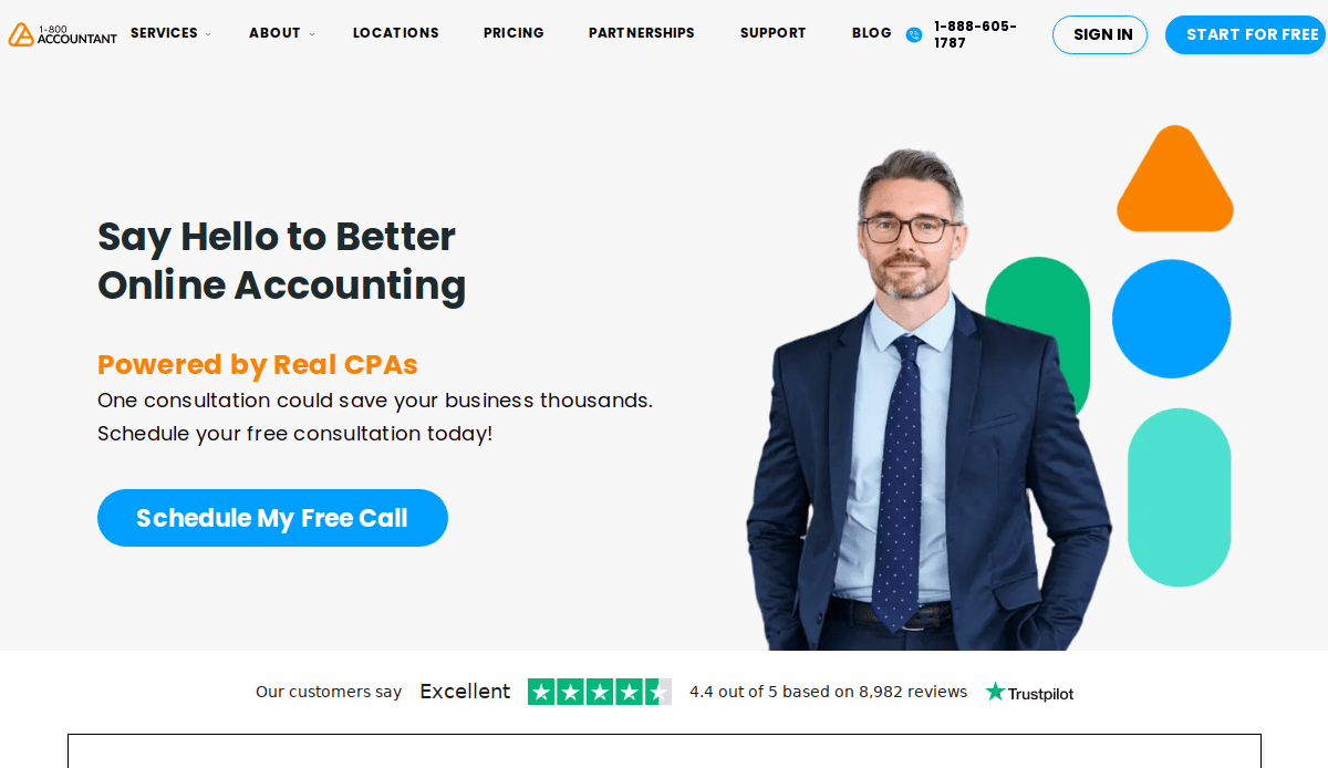 A professionally dressed man with glasses stands confidently on a high-performance CPA website advertising online accounting services. The text promotes free consultations with real CPAs, features a call scheduling button, and shows Trustpilot ratings below.