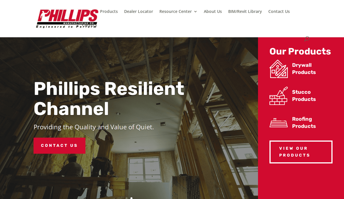 Screenshot of the Phillips Manufacturing Co. homepage showcases manufacturing website design, with a partially built house, exposed wooden beams, product categories on the right, and a red “Contact Us” button on the left.