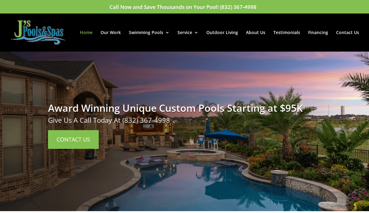 Luxury backyard with a custom pool, stone patio, and outdoor lounge area at sunset. Text overlay promotes unique custom pools starting at $95K from Js Pools & Spas—plus effective strategies to enhance your pool service. Contact us today!.