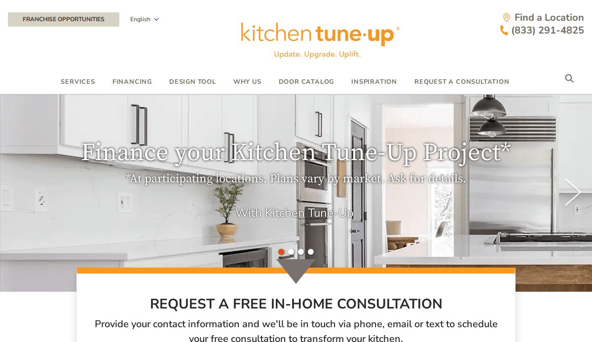 Screenshot of the Kitchen Tune-Up website homepage, highlighting modern kitchen remodeling, intuitive website design, a navigation menu, phone number, and a banner offering financing and a free in-home consultation.