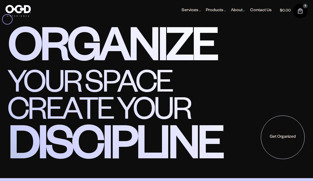 A website homepage for home organizers with a black background and bold text: ORGANIZE YOUR SPACE CREATE YOUR DISCIPLINE. The top menu features Services, Products, About, Contact Us, a shopping cart, and WordPress maintenance options. “Get Organized” button on the right.