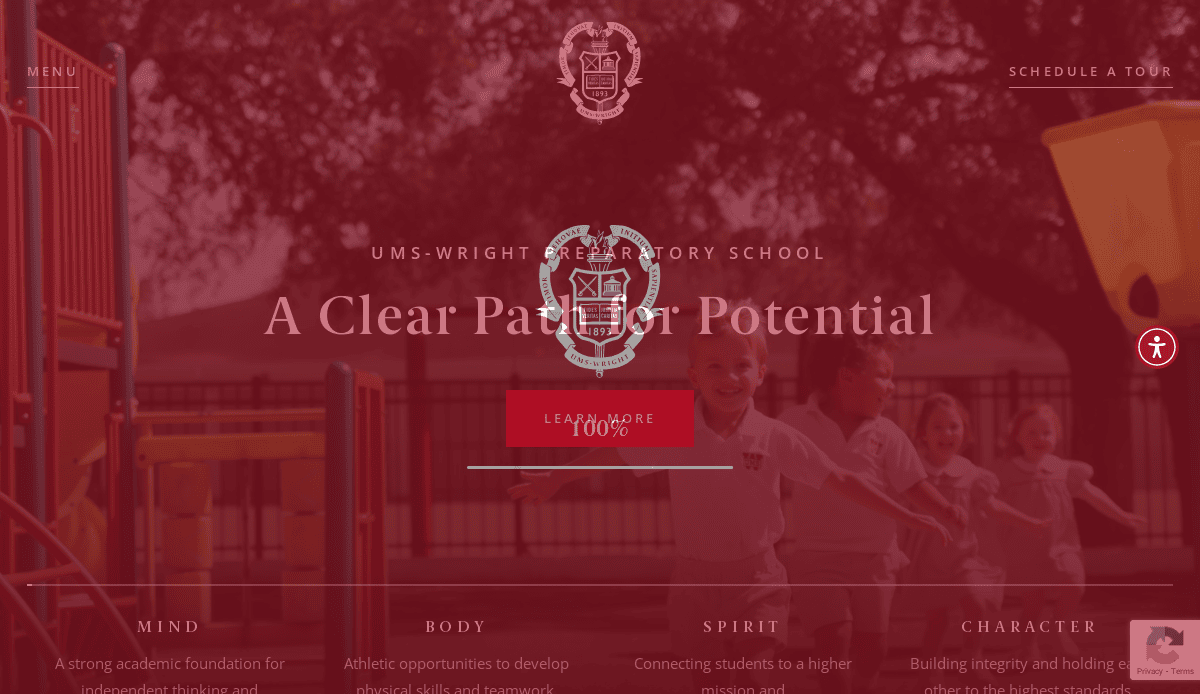 Children in school uniforms play outside on a playground, smiling and running. The overlay text reads UMS-Wright Preparatory School: A Clear Path for Potential, highlighting user-focused navigation options and modern education website design for 2025.