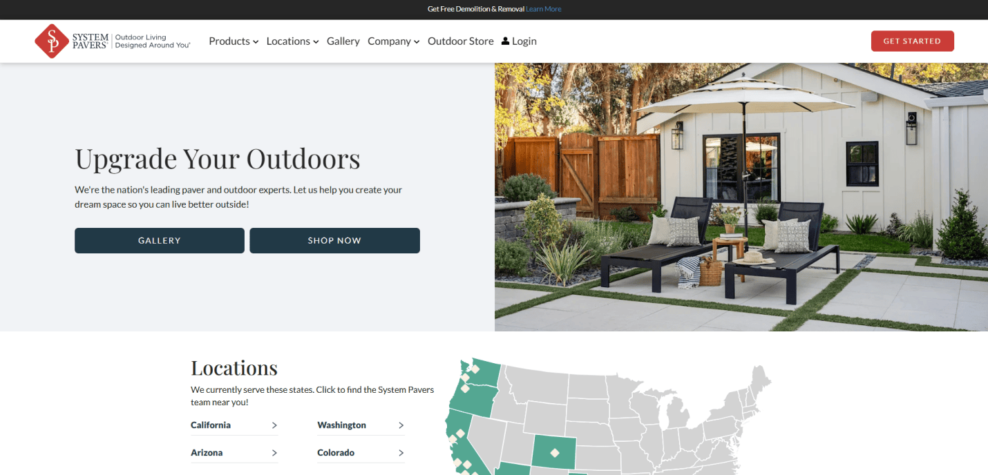 A modern backyard patio with lounge chairs, a small table, potted plants, and a white house with large windows—perfect for featuring in your kitchen portfolio. Website navigation and a location map are also visible.