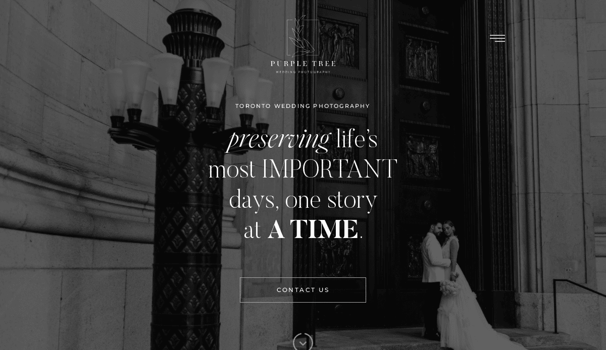 Black-and-white photo of a bride and groom embracing outside a grand building with ornate doors and large lamps; text over image promotes Toronto wedding photography by Purple Tree, perfect inspiration for your wedding website.