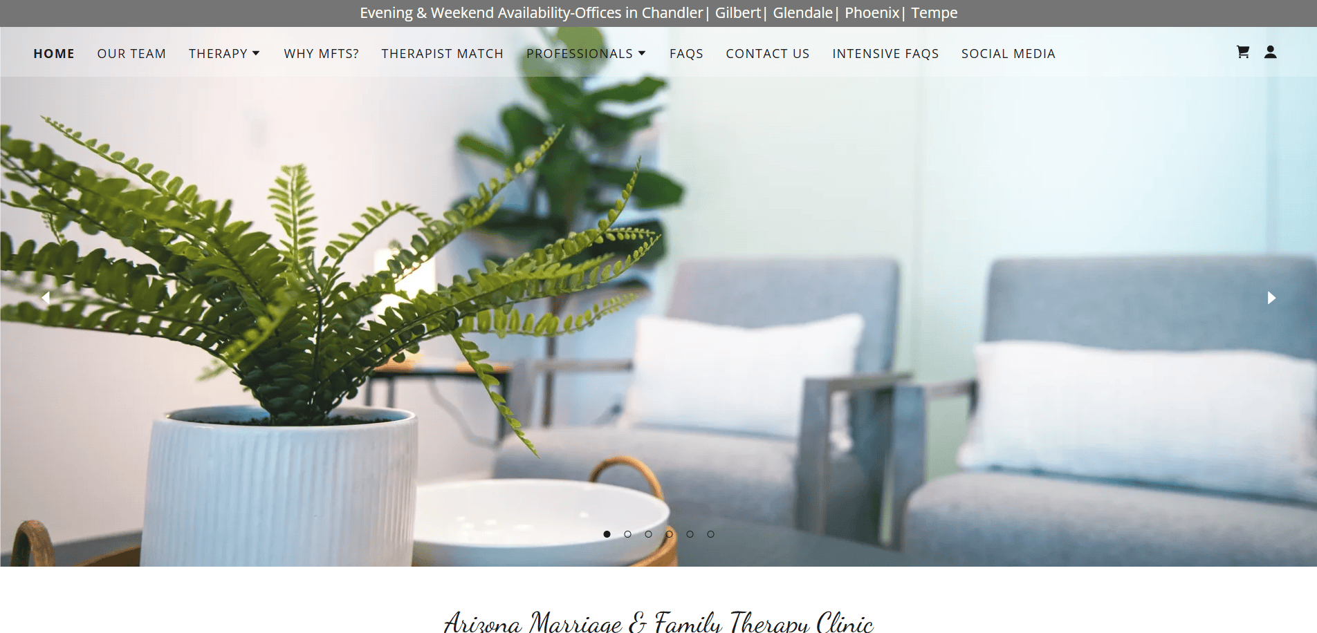 A bright, modern waiting room for therapy services features two gray armchairs and a table with a potted green plant in the foreground. The space appears calm and inviting.