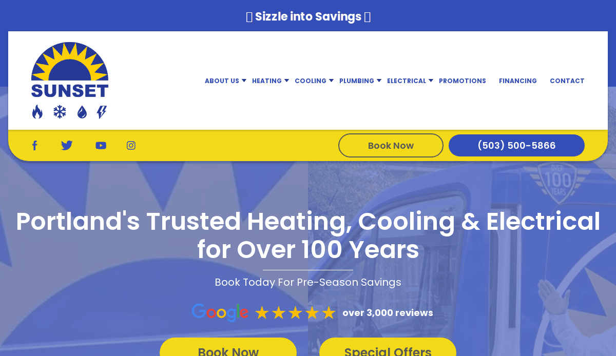 A high-converting website homepage for Sunset, promoting heating, cooling, and electrical services in Portland. The blue and yellow theme, easy service links, phone number, and 5-star Google review rating are tailored for local service companies.