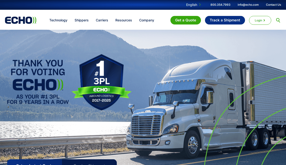 A large white semi-truck drives along a road beside a lake and mountains. Text reads, “Thank you for voting Echo #1 3PL for 9 years in a row, 2017-2025.” High-performing logistics site design and Echo logo are visible at the top.