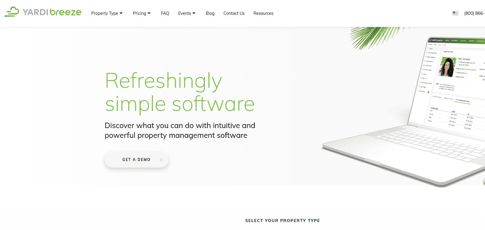 Yardi Breeze website homepage featuring the tagline “Refreshingly simple software” beside a partial view of an open laptop displaying its property management interface. A “Get a demo” button is below the main text, highlighting modern property management website design.