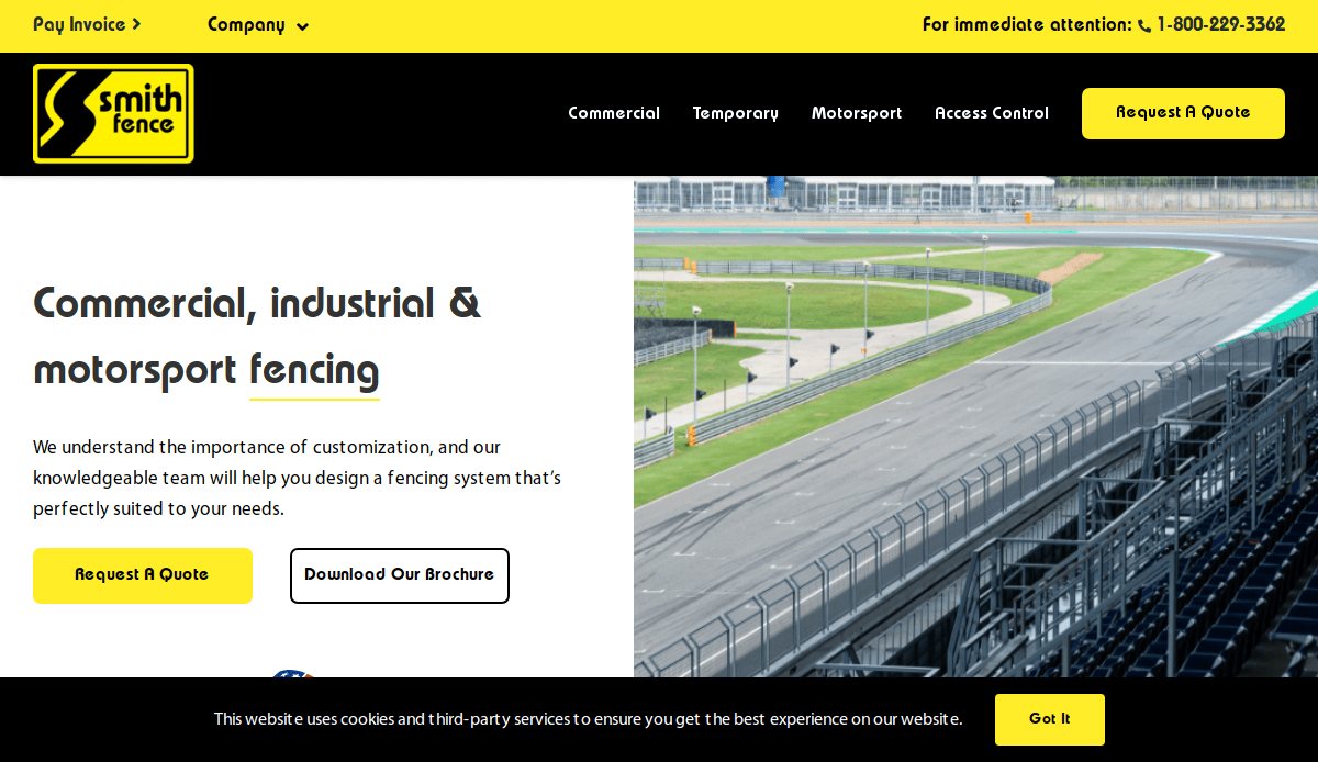 Screenshot of Smith Fence Service Website featuring a racetrack with fencing, company logo, navigation menu, and prominent yellow buttons for Request A Quote and Download Our Brochure—ideal tools for making the sale like a seasoned salesperson. Cookie consent banner shown below.