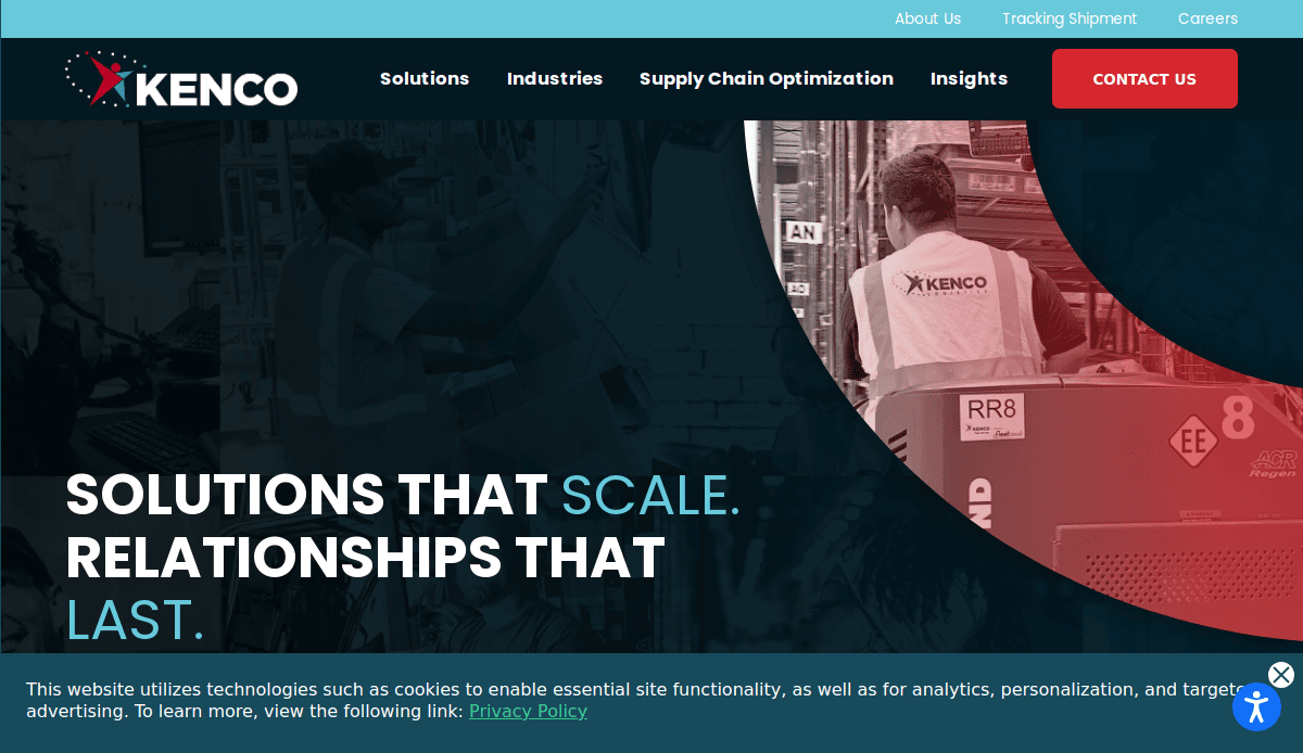 Kenco website homepage showing workers handling packages, with text: Solutions that scale. Relationships that last. This high-performing logistics site design features a navigation bar with Solutions, Industries, Supply Chain Optimization, Insights, and more.