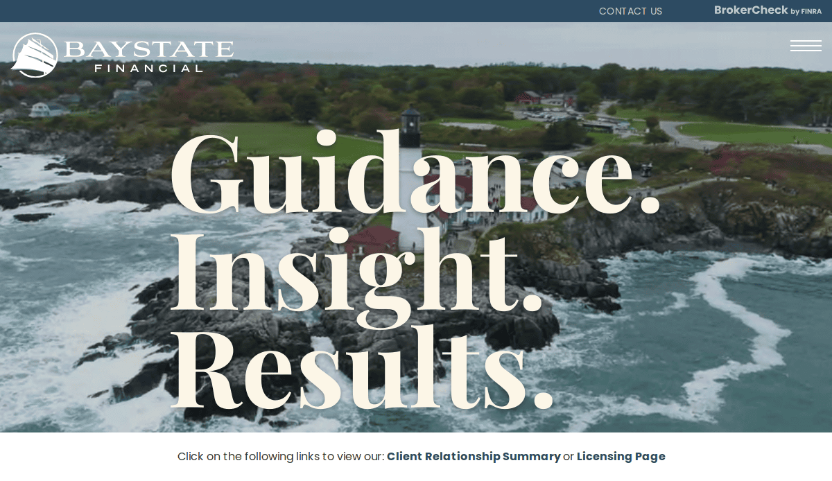 A coastal landscape with rocky shores and a lighthouse appears behind large white text reading Guidance. Insight. Results.—building high-performance financial futures. The Baystate Financial logo is top left, with CPA website navigation links at the top and bottom.