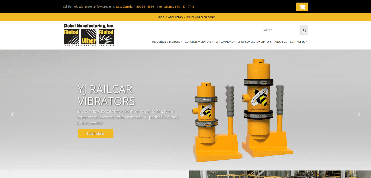 Screenshot of the Global Manufacturing, Inc. homepage showcasing expert manufacturing web design, with two large yellow YJ Railcar Vibrators, product details, and a Learn More button on a sleek gray and white background.