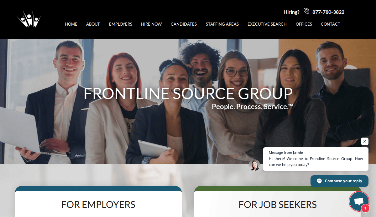A diverse group of six smiling professionals stand together in an office setting. The screen displays Frontline Source Group: People. Process. Service., highlighting their expertise as a top recruitment agency with chat and menu options visible.