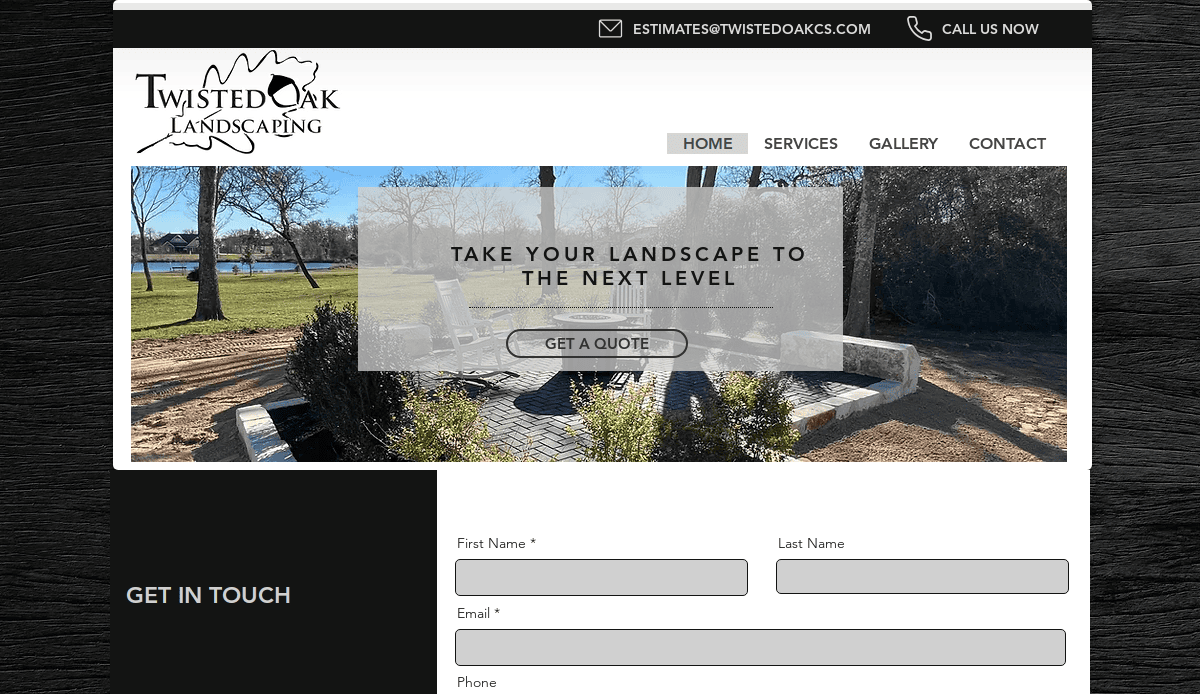A Landscaping Website homepage features a banner stating “Take your landscape to the next level,” with a patio, vibrant plants, and a lake in the background. Contact fields for name, email, and phone invite visitors to inquire about Landscaping Services.