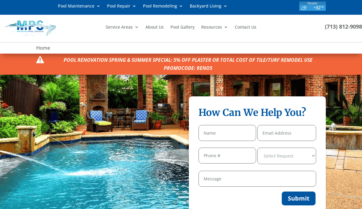A luxurious backyard pool with clear blue water, surrounded by a brick patio, blue cushioned chairs, and lush greenery. A sleek pool service website contact form overlays the right side of the image.